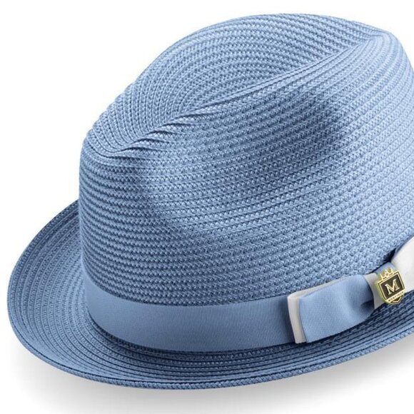 Men's CAROLINA BLUE Braided Two Tone Stingy Brim Pinch Fedora HatH68